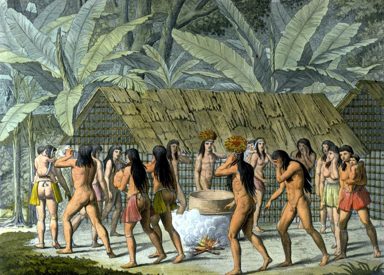 Dance of the Camacans, Indians of Brazil - i "" Den gamle og moderne drakten"" av Ferrario, red. Milan av Unknown artist