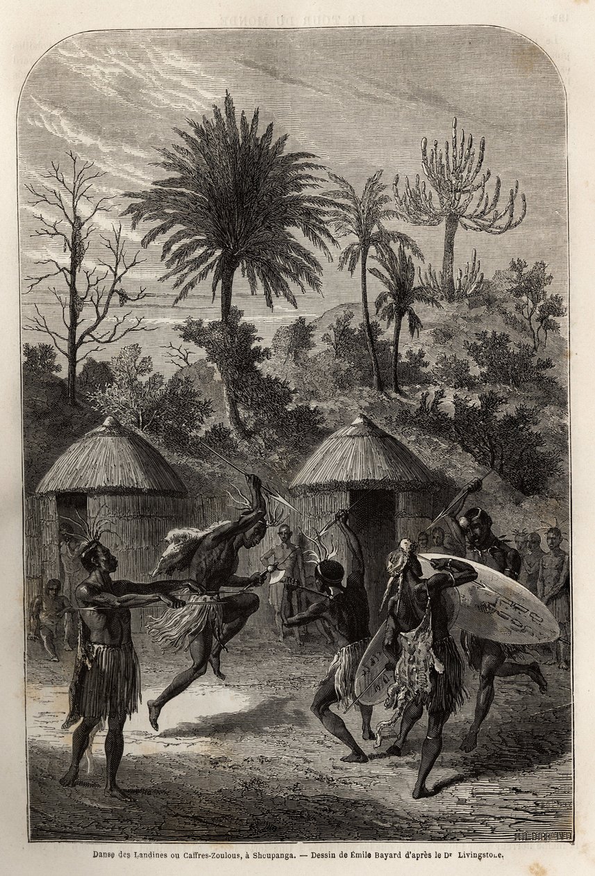 Dance of the Landines eller Zulu caffres i Shoupanga (høyre bredd av Zambeze-elven). Gravering for å illustrere Dr. Livingstones første reiser til Sør-Afrika fra 1840 til 1856, i «Le tour du monde, nouveau journal des voyages»» publisert under den dire av Unknown artist