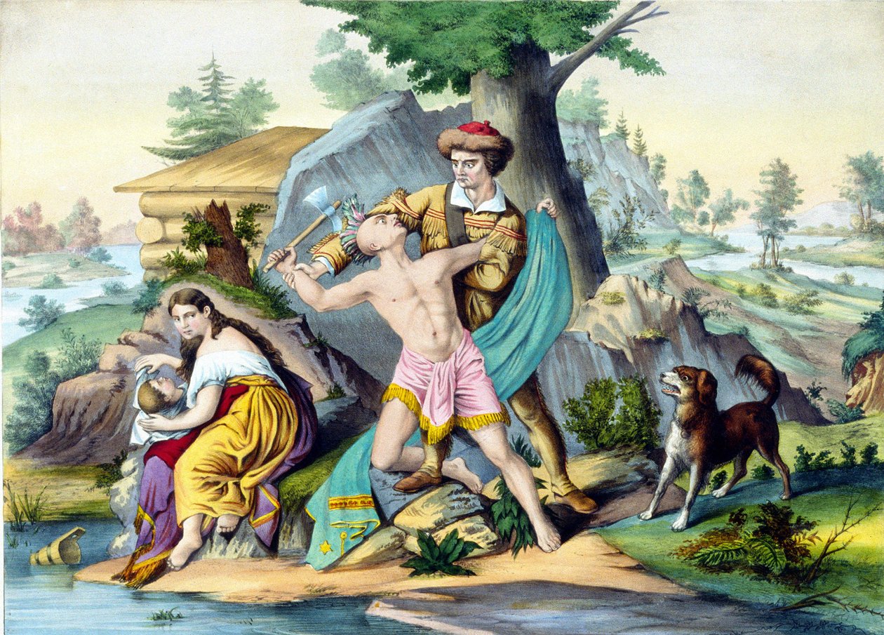 Daniel Boone beskytter familien sin: Daniel Bonne, amerikansk pioner (1734 - 1820) dreper en indianer som angriper familien hans med en øks. Gravering 1800-tallet. av Unknown artist