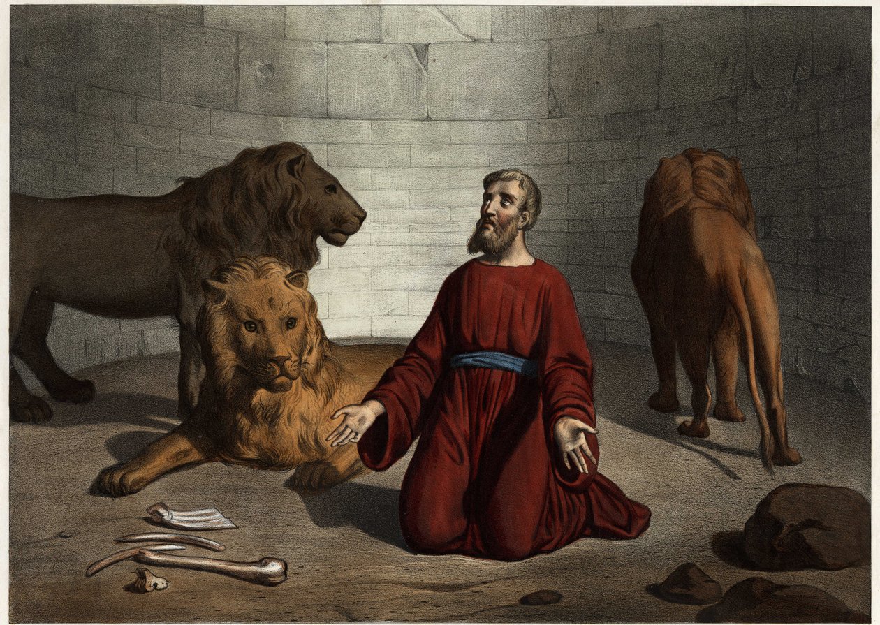 Daniel, kastet for løver av kongen, er beskyttet av en Herrens engel som beroliger dyrene. Anonym gravering fra midten av 1800-tallet. av Unknown artist