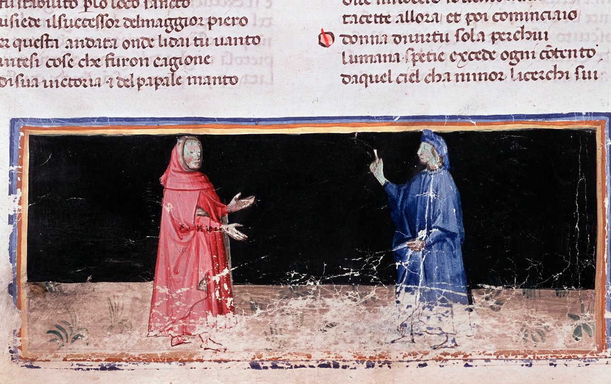 Dante (i blått) og Virgil (sang 3 av Hell, in the Divine Comedy) (miniatyr av Unknown artist