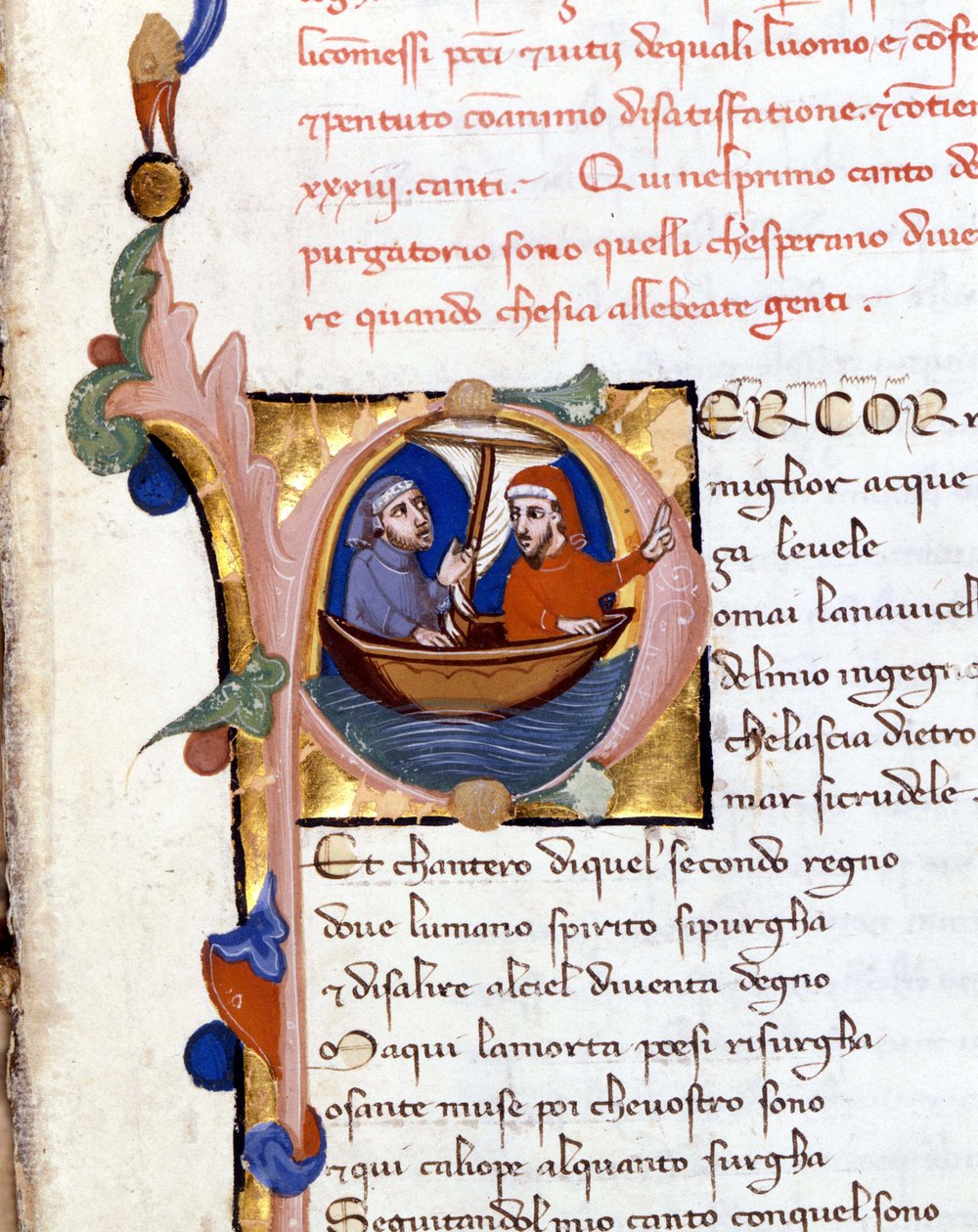 Dante Alighieri: Guddommelig komedie (guddommelig komedie) begynnelse av skjærsilden. Dante og Virgil. manuskript fra 1300-tallet. Milano bibl. Trivulziana av Unknown artist