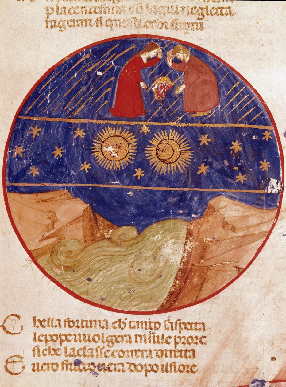 Dante og Beatrice ser fra himmelen, jorden og stjernene. Opplyst side som illustrerer en sang fra Paradiset fra "Divina Commedia" av Dante Alighieri (1265-1321). 1300-tallet, Venezia, Biblioteca Marciana av Unknown artist