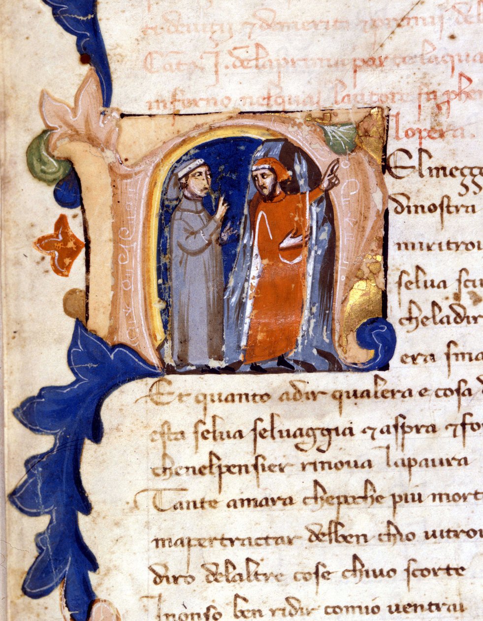 Dante og Virgil ved inngangen til helvete. (lettrine "" N "") Incipit of Hell of a Divina Commedia (guddommelig komedie) fra 1300-tallets Milano, Trivulziansk bibliotek. (Midt på livets reise ...) av Unknown artist