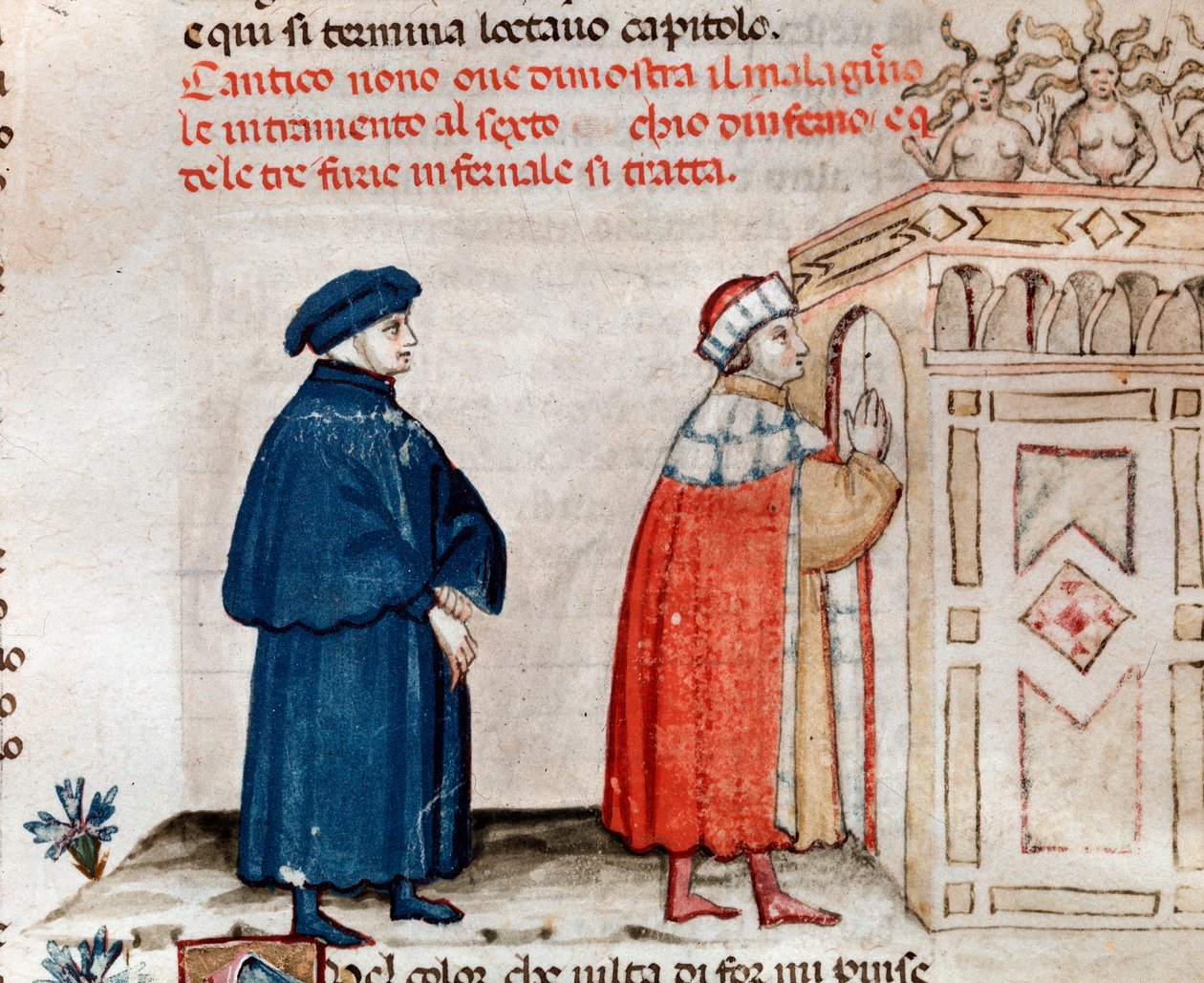 Dante og Virgil ved porten til Dite kontrollert av furiene (sang 9 fra helvete, i den guddommelige komedie) - miniatyr 1400-tallet av Unknown artist