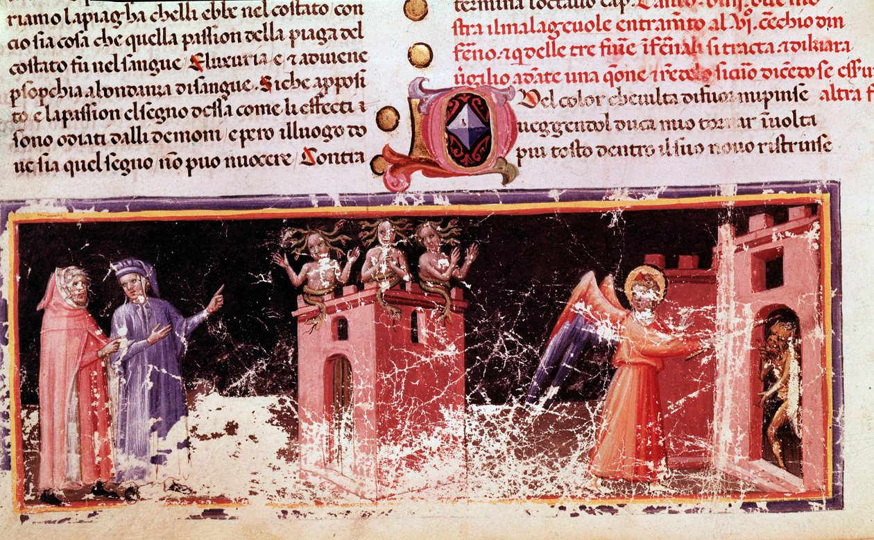 Dante og Virgil ved porten til Dite kontrollert av furies (sang 9 av Hell, i Divine Comedy) - miniatyr av Unknown artist