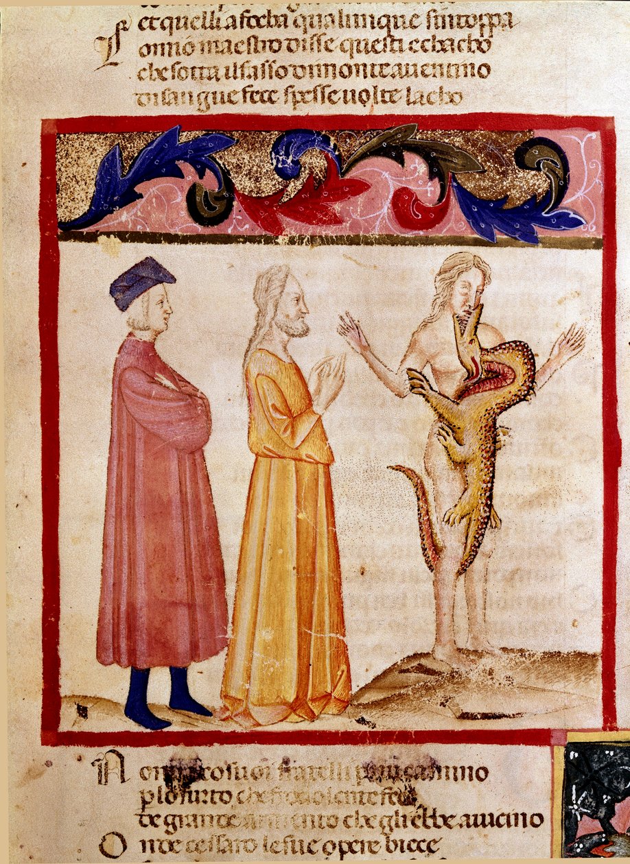 Dante og Virgil møter sjelen til en synder som er dømt til å bli slukt av en drage. Opplyst side som illustrerer en helvetesang er hentet fra "Divina Commedia" av Dante Alighieri (1265-1321). 1300-tallet, Venezia, Biblioteca Marciana av Unknown artist