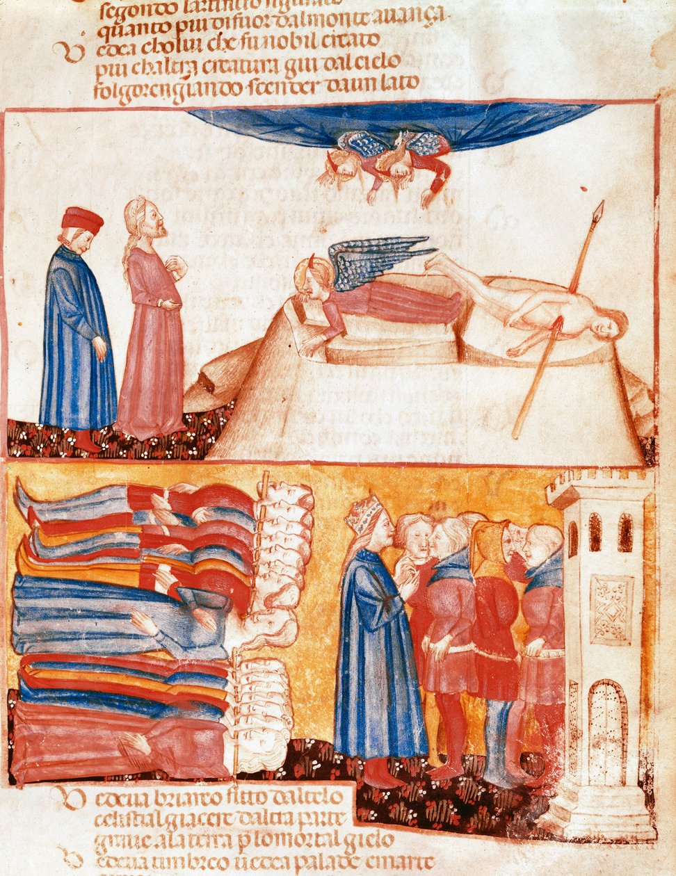 Dante og Virgil møter sjelene til voldelig døde mennesker. Opplyst side som illustrerer en sang fra Antipurgatory fra "Divina Commedia"" av Dante Alighieri (1265-1321). 1300-tallet, Venezia, Biblioteca Marciana av Unknown artist