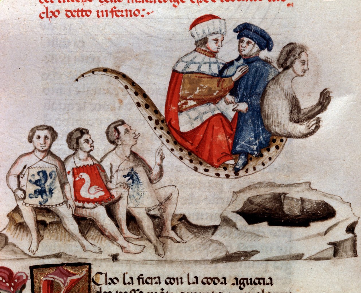 Dante og Virgil rir på Geryons rygg (sang 17 fra helvete, i den guddommelige komedie) - miniatyr fra 1400-tallet av Unknown artist