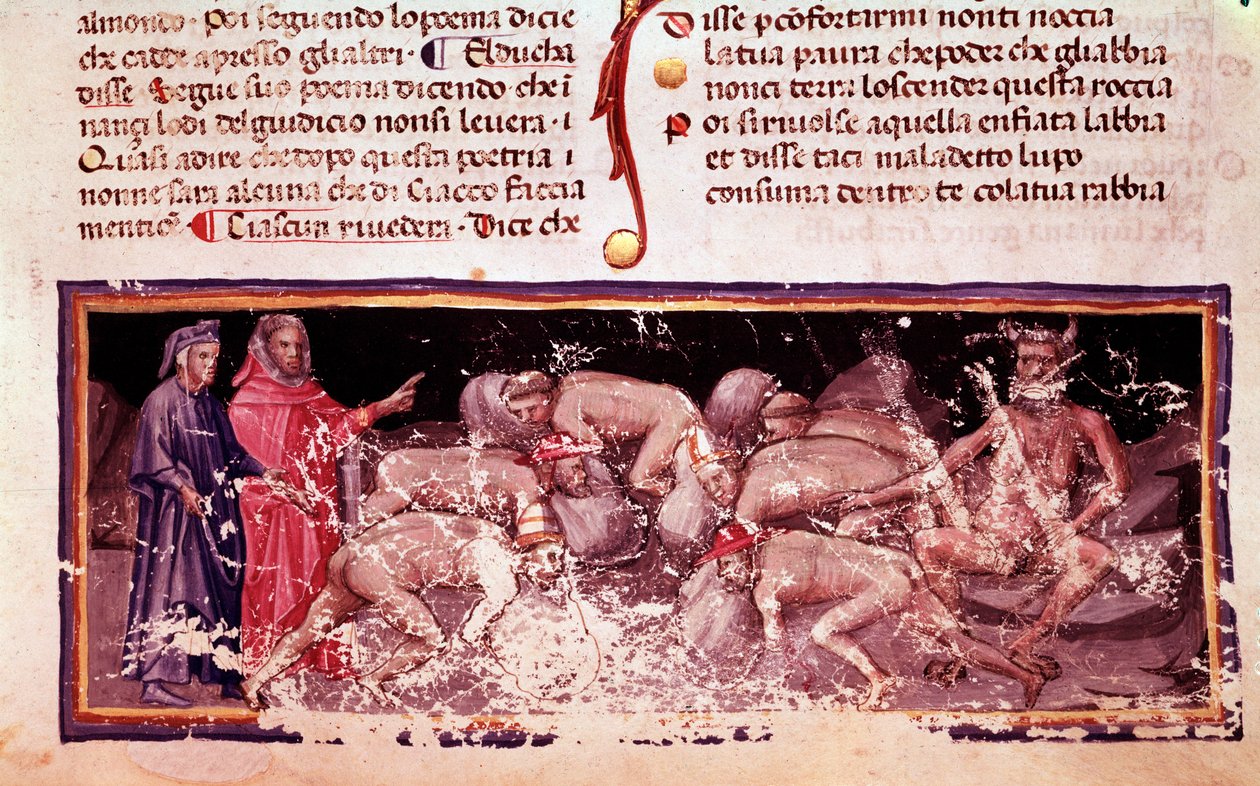 Dante og Virgil med de grådige og sløseri (sang 7 fra helvete, i den guddommelige komedie) - miniatyr av Unknown artist
