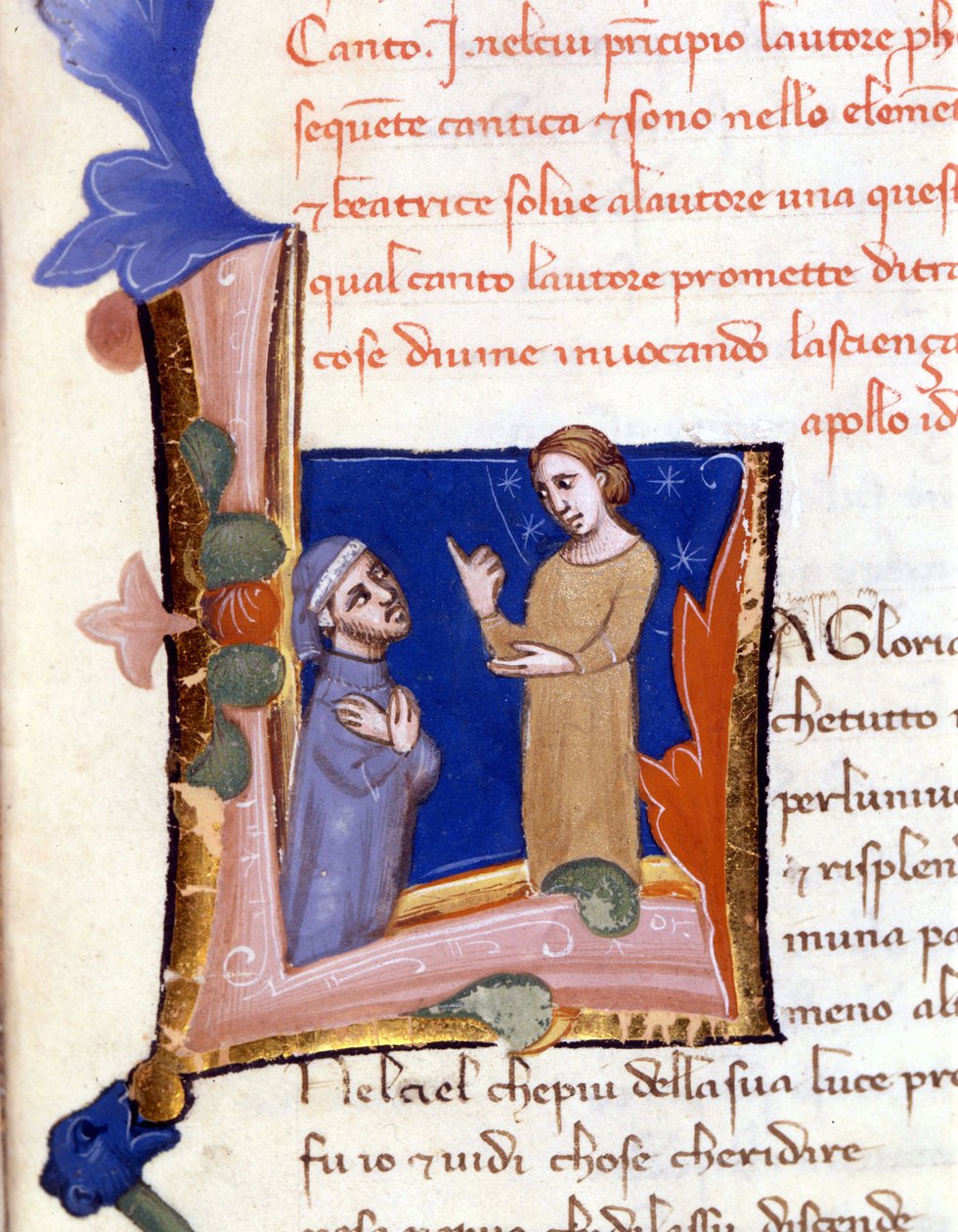 Dante ble møtt av Bèatrice ved inngangen til Paradiset. (lettrine "" L ") manuskript fra 1300-tallet av Divina Commedia (guddommelig komedie) Milan Trivulziana-bibliotek av Unknown artist