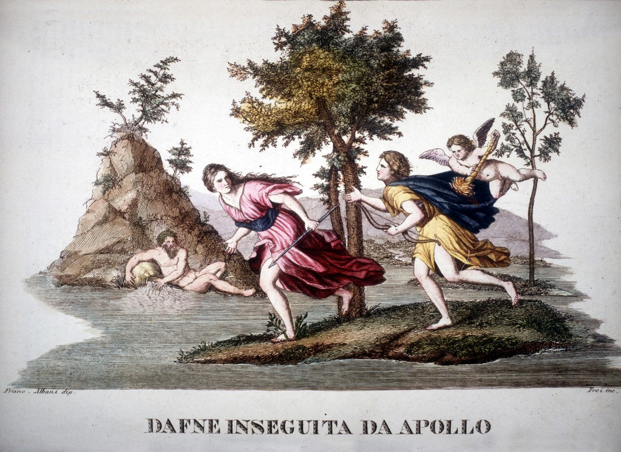 Daphne forfulgt av Apollon - i Mythological Dictionary av Unknown artist