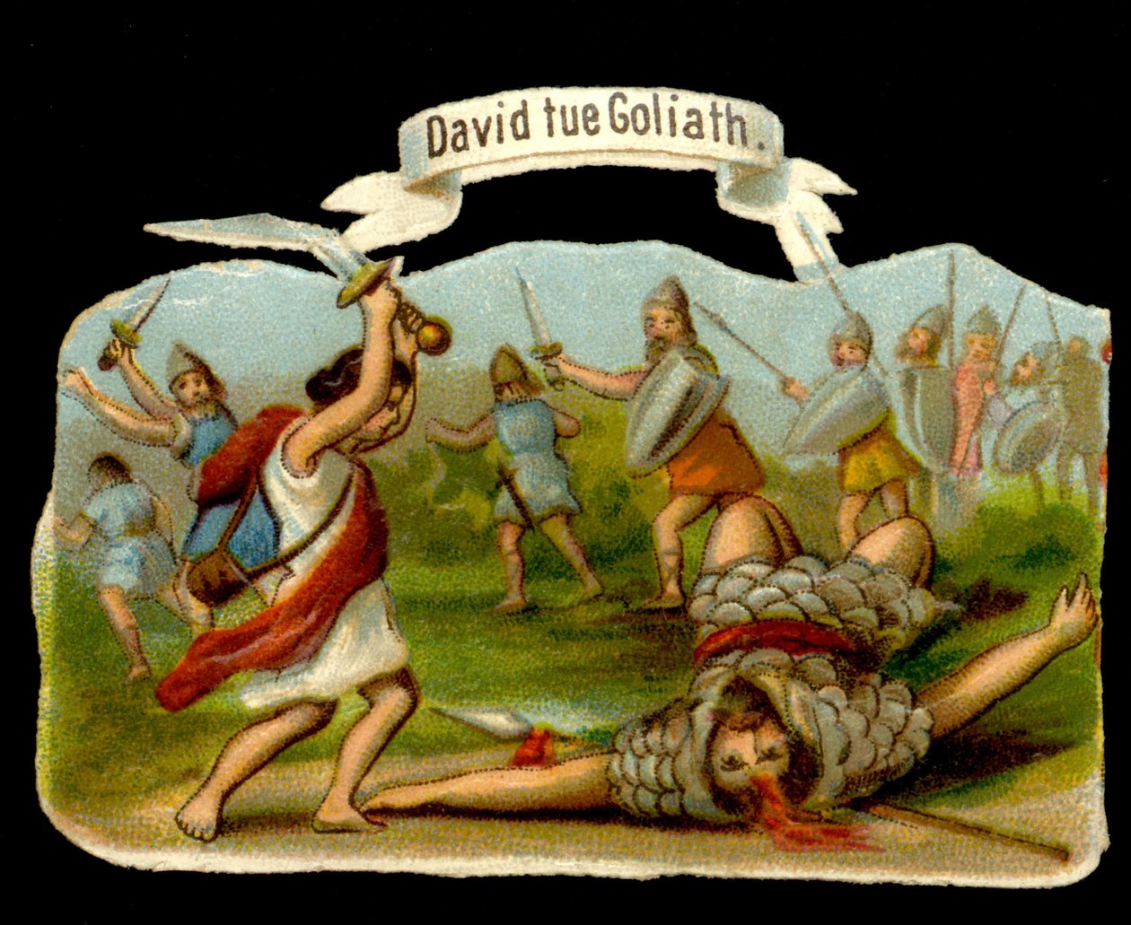 David and Goliath: David kills Goliath with his epee. 19th century chromolithography. av Unknown artist