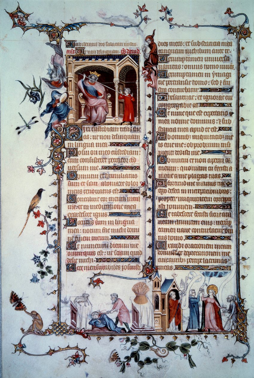 David truer av Saul. Allegori om grådighet. Nattverdens sakrament. Allegori om veldedighet. Miniatyr hentet fra salmen "Breviaire de Belleville"" av Unknown artist