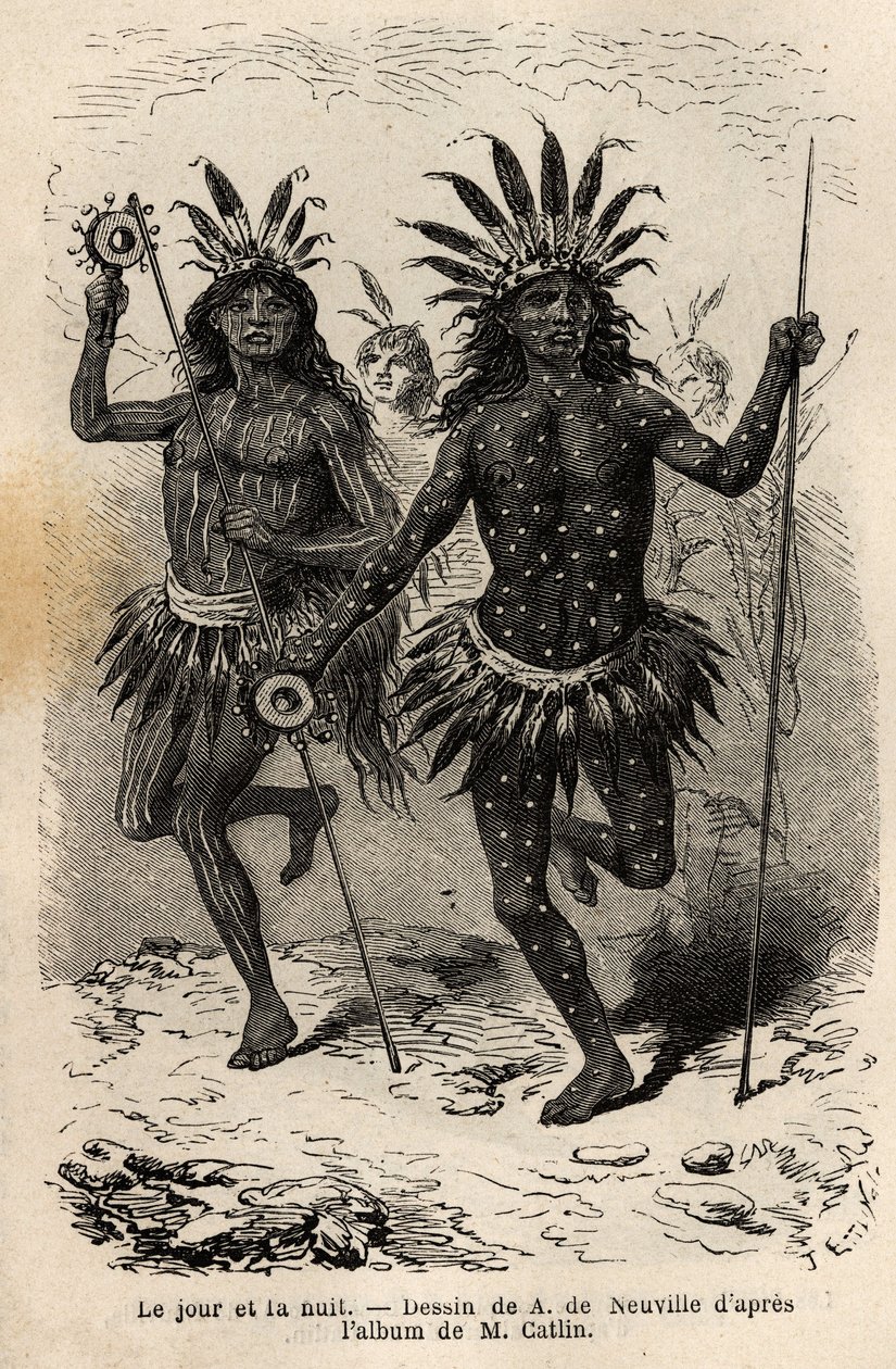 Dag og natt, malerier på kroppen til danserne fra den religiøse seremonien og forsoningen, henrettet av høvdingene og hans følgesvenner, blant Mandans-indianerne (eller noumah ka kie: fasaner), på venstre bredd av Missouri. Gravering for å illustrere en ek av Unknown artist
