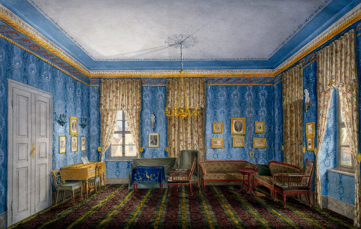 Dagstue med blå tapet og girlander av Unknown artist