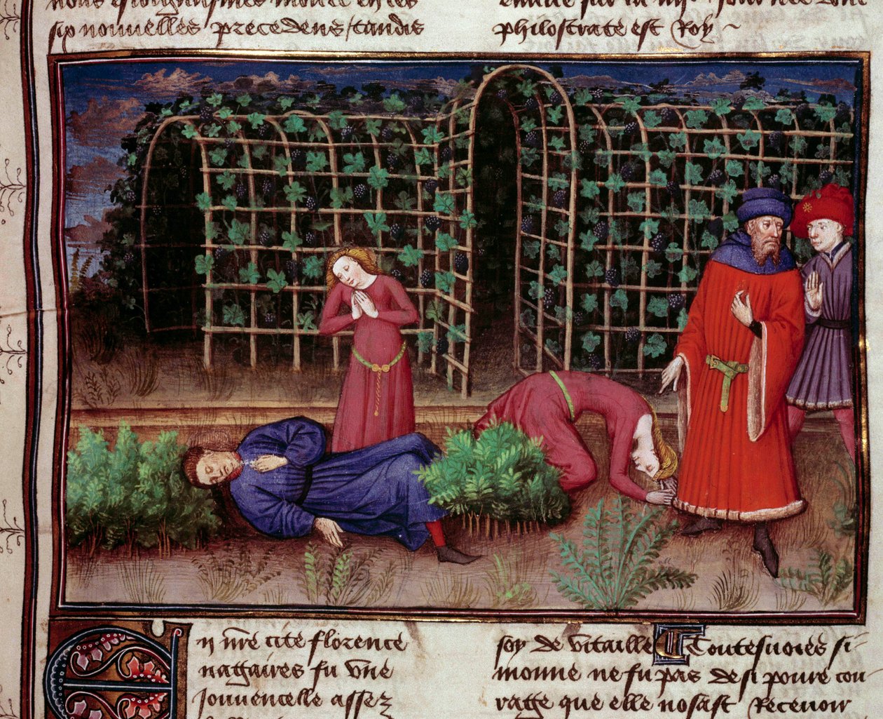Død To personer drept av døden. Miniatyr fra "" Le Decameron"" av Jean Boccace (Giovanni Boccaccio) (1313-1375) 1450 Paris, Arsenals bibliotek av Unknown artist