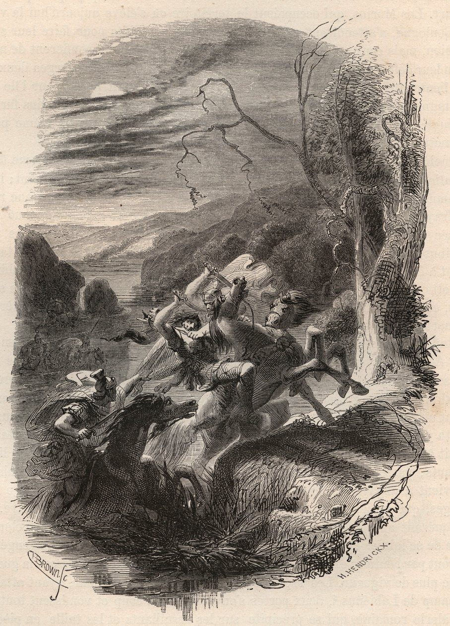Død av Indutiomarus (Induziomaro) sjef for Trevires, drept av den romerske hæren i 53 f.Kr. Gravering fra 1868 i «Histoire de Belgique fra primitiv tid til slutten av regne av Leopold I»» av Theodore Juste (1818-1888). Privat samling. av Unknown artist