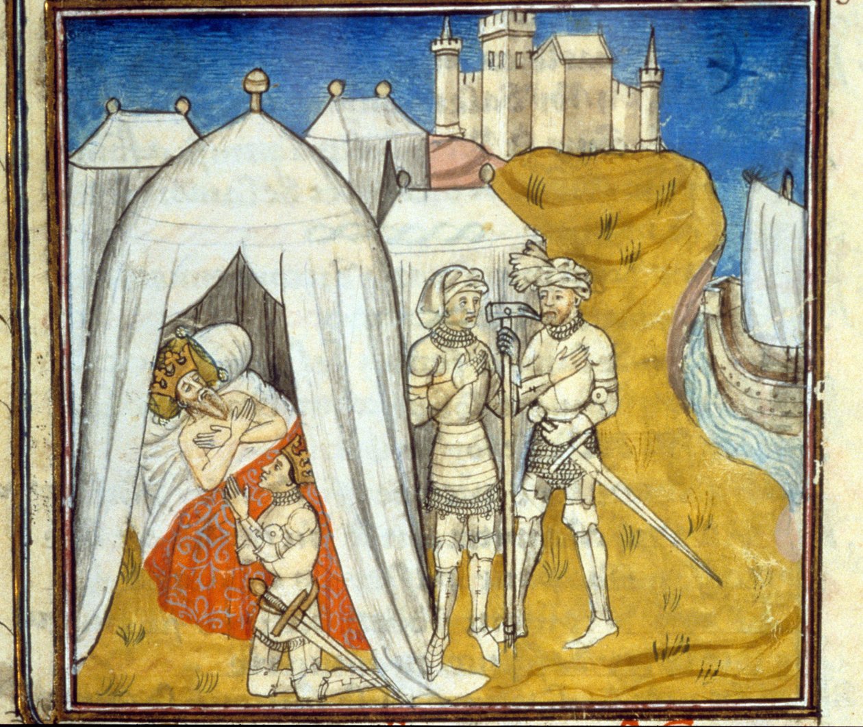 Ludvig IXs død fra pesten under det 8. korstoget i 1270 - Miniatyr av Unknown artist