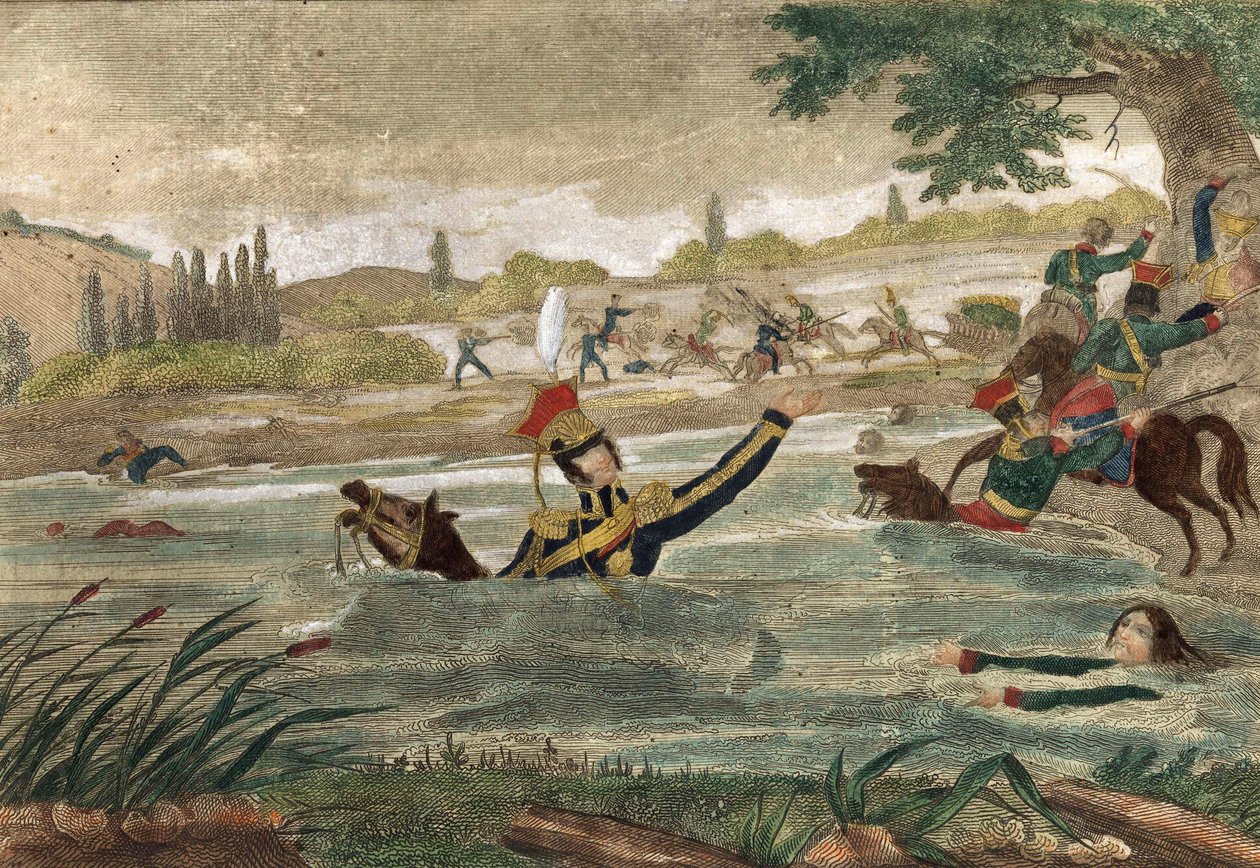 Død av prins Joseph (Jozef) Antoni Poniatowski (født 1763) ved passasjen av Eelster i 1813, gravering av tiden av Unknown artist