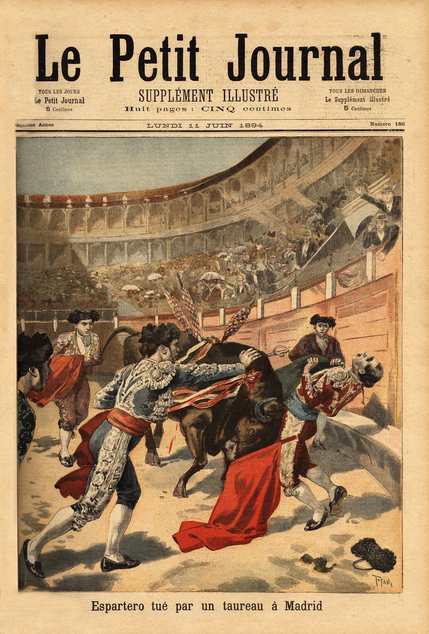 Død av den spanske matadoren Manuel Garcia dit Espartero (1865-1894), i arenaene i Madrid, av en estokade av oksen. Gravering i "" Le petit journal"" 2/07/1894. Selvas samling. av Unknown artist