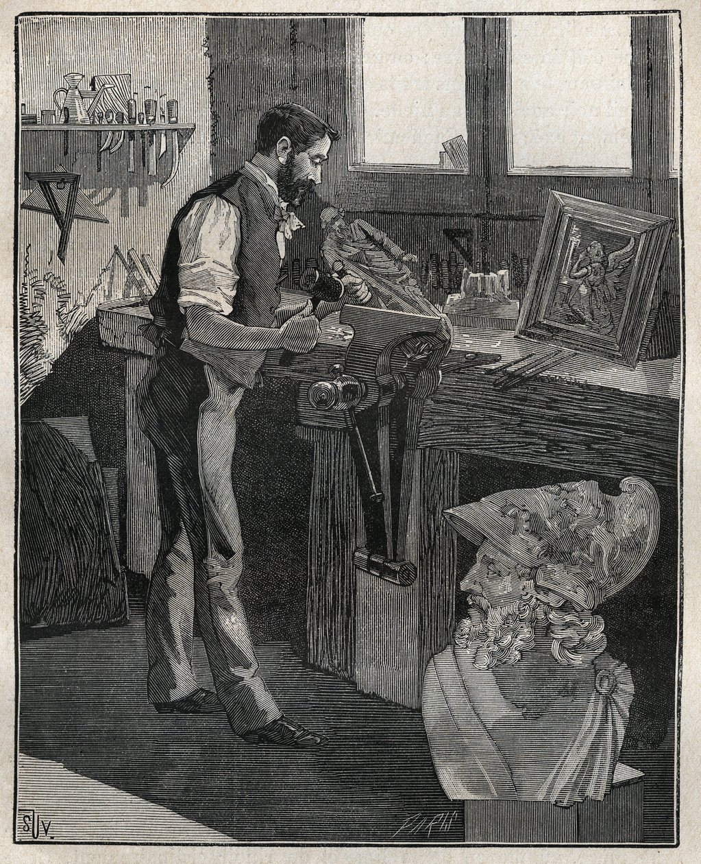 Dekor av sølvtøy: bronsemeiseller. Gravering fra 1885 i "" Les arts et metiers illustres"" av Adolphe BITARD. av Unknown artist