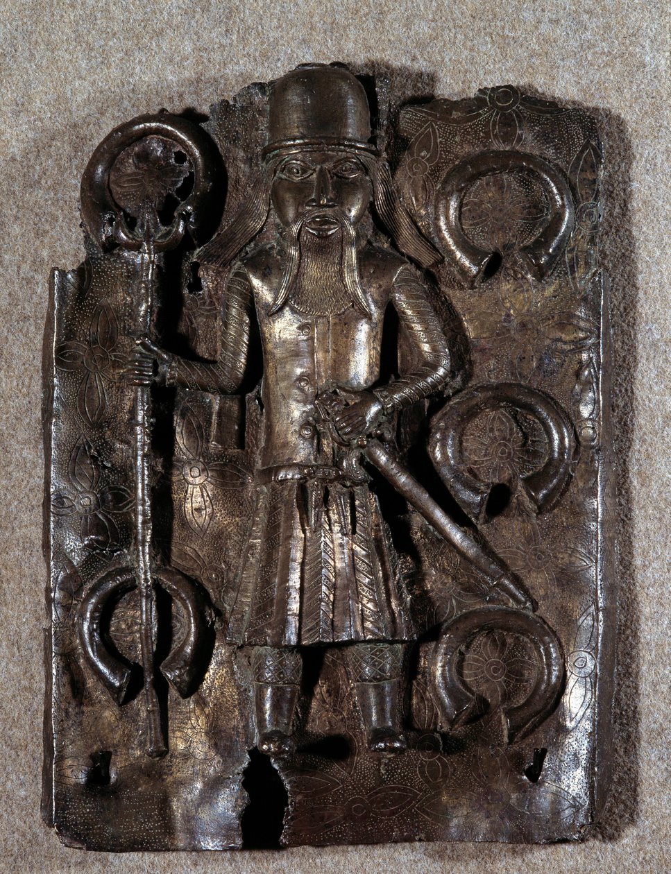Dekorativ kunst: messingplate skåret av en portugisisk kriger. 1500-tallet hermetisert i Wien av Unknown artist