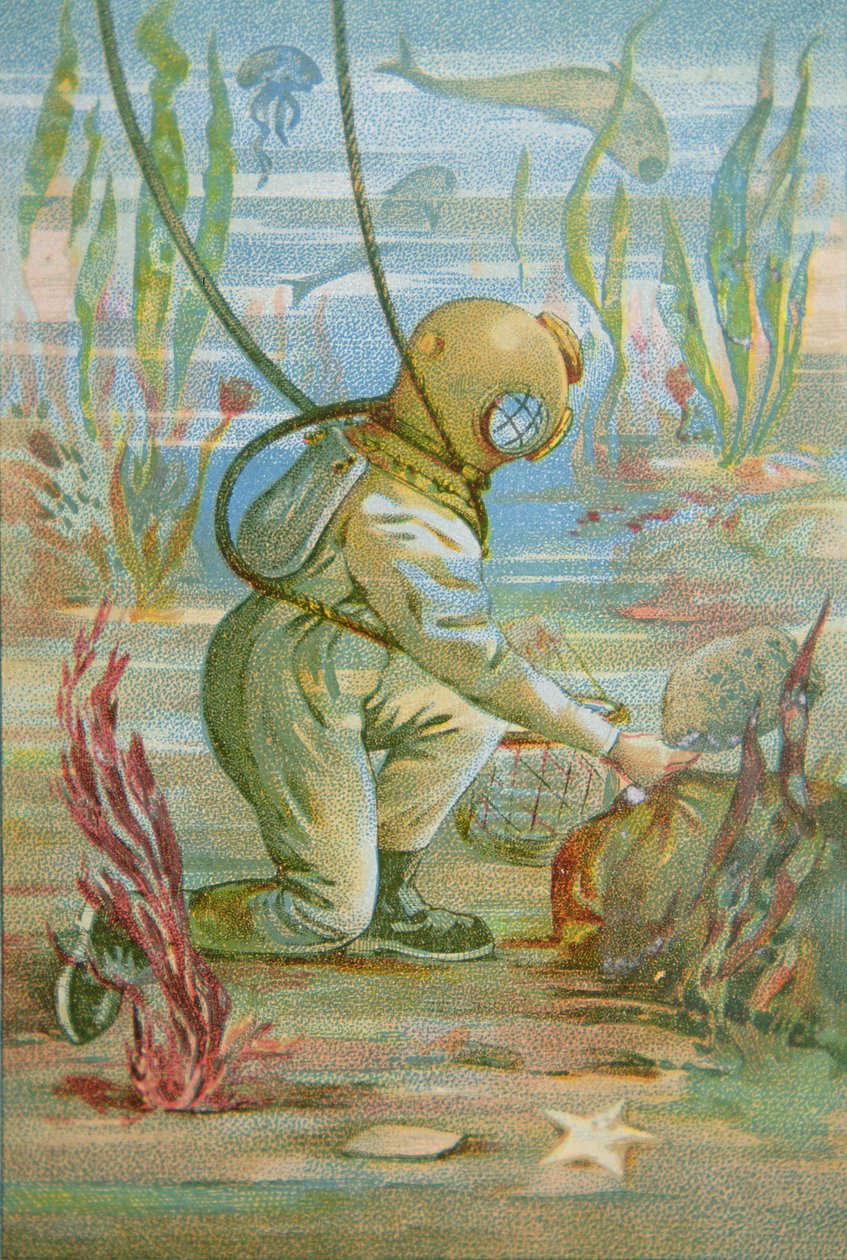 Deep Sea Diver, ca. 1890 (farge litho) av Unknown artist