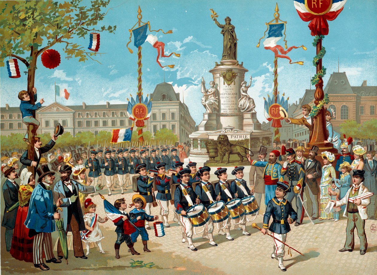Besmitte barna til skolebataljonene på Place de la Republique den 14.07.1883 i Paris. Litografi av Paris fra 1800-tallet, Musee Carnavalet av Unknown artist