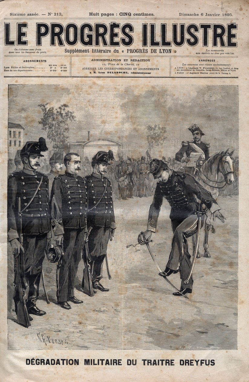Degradering av Alfred Dreyfus - Dreyfus-saken: Degradering av Alfred Dreyfus på gårdsplassen til Militærskolen, Paris, 5. januar 1895 - Gravering i "The illustrious progress" fra 1895 - av Unknown artist