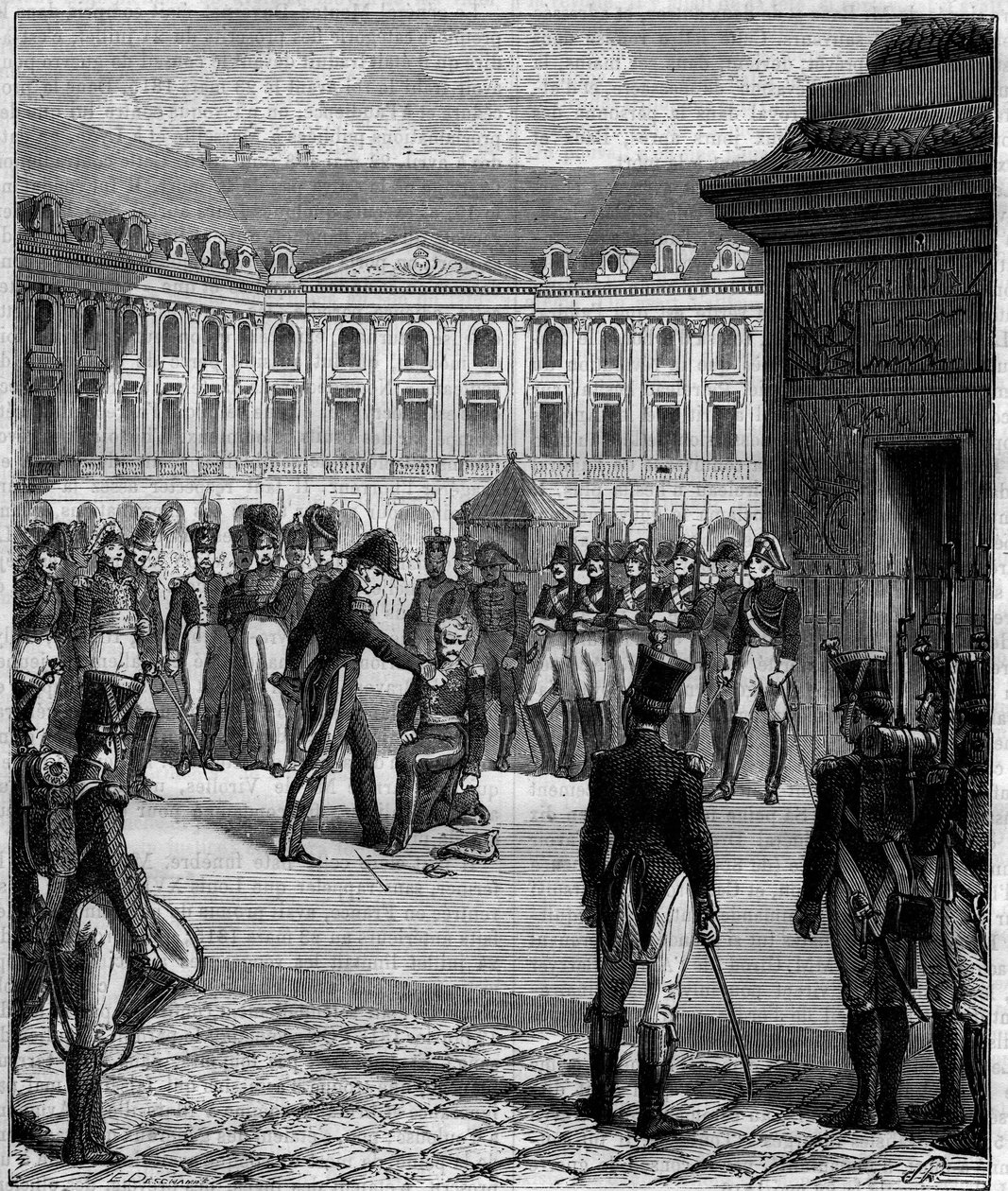 Degradering av general Bonnaire tidligere soldat fra imperiet fordømt for den utilsiktede døden til Ludvig XVIIIs stabssjef 8. juni 1816 ved foten av Vendome-søylen (Place Vendome) i Paris. av Unknown artist