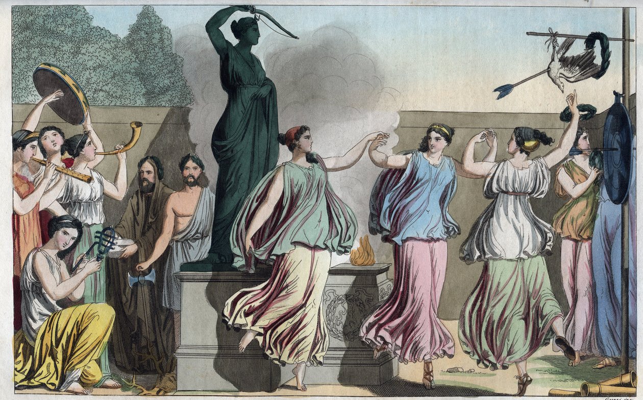 Delian Dans i festen til Diana eller Artemis (jaktens gudinne) - gravering fra "" skikker og tradisjoner til alle folkeslag i universet. Det er historien om regjeringen, lovene, militsen, om religionen til alle nasjoner fra de fjerneste tider til av Unknown artist