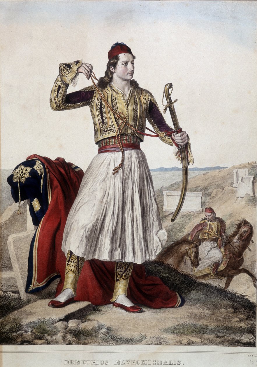 Demetrius Mavromichalis i tradisjonell rytterdrakt - litografi av Unknown artist