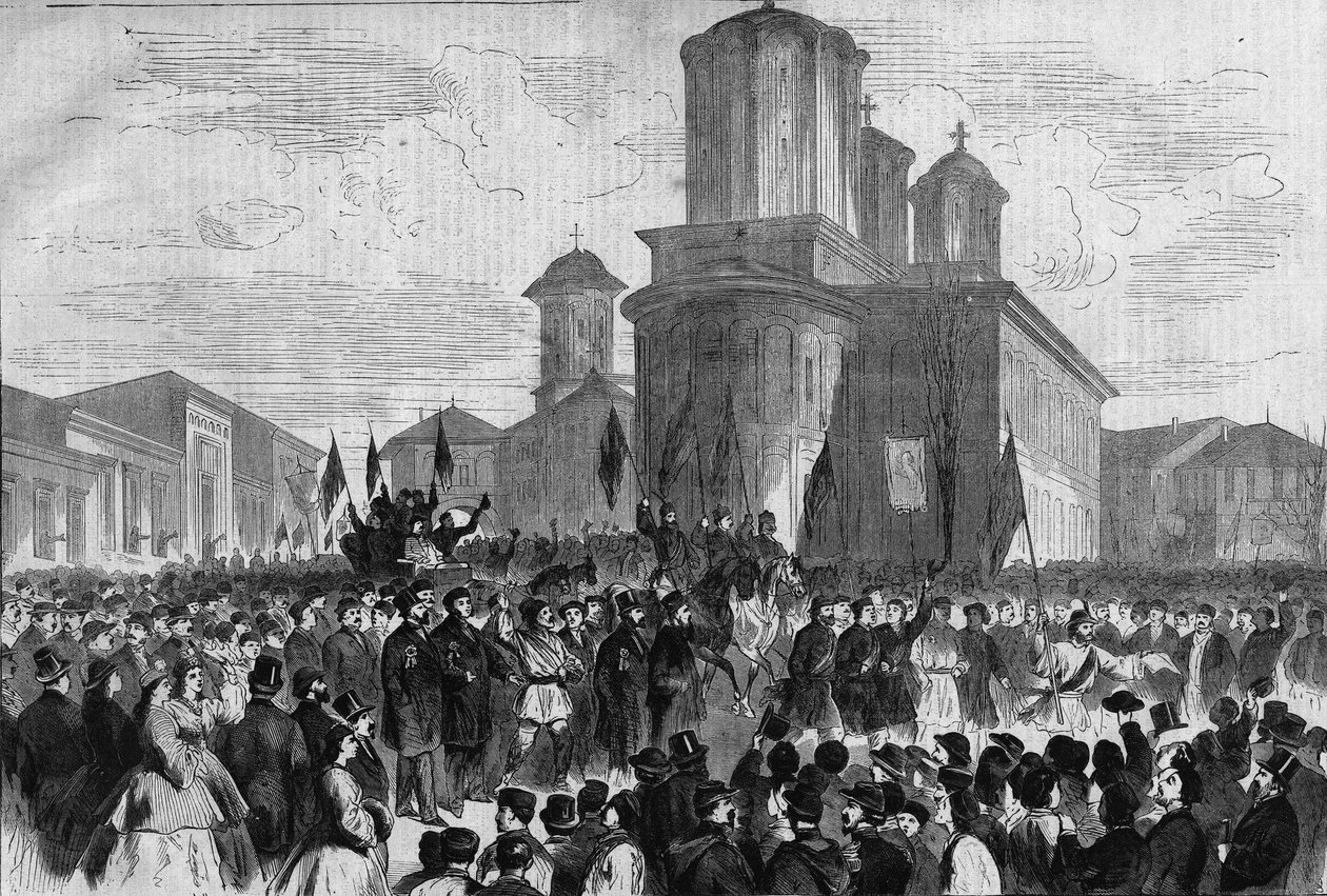 Demonstration in Bucharest for Prince Charles of Hohenzollern-Sigmar, new king of Romania av Unknown artist
