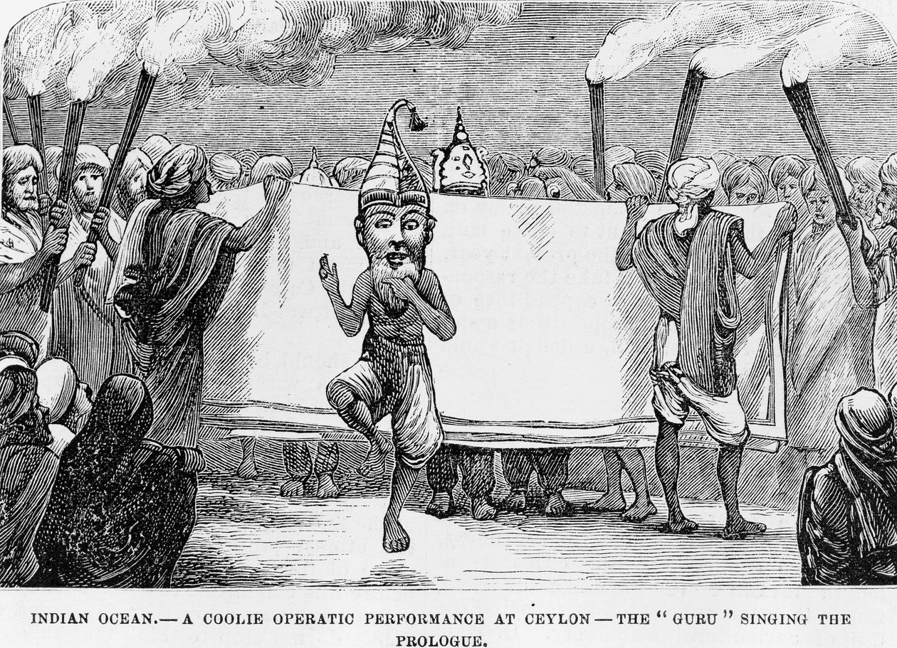 Demonstrasjon av folkekunst i Ceylon (nåværende Sri Lanka) gravering fra 1800-tallet av Unknown artist