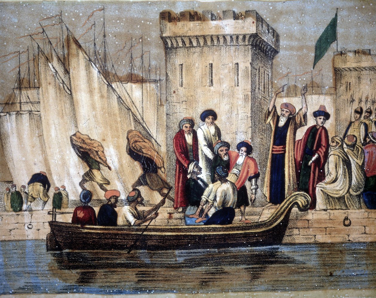 Avreise fra maurerne i Alger, etter koloniseringen av franskmennene, blir en alder eller syk mann lastet på en båt. 1800-tallet av Unknown artist