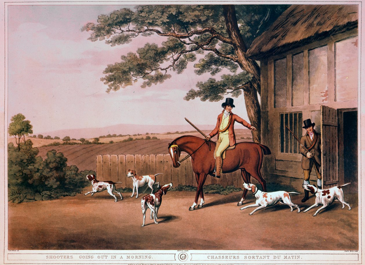 Dro på jakt tidlig om morgenen til en jeger og hundene hans i England. Gravering av 1800-tallet. Gien, jaktmuseum av Unknown artist