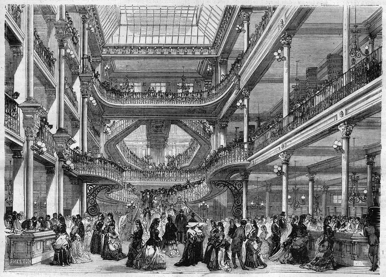 Varehus: utsikt over interiøret i "" Au bon marche"". Gravering i "" L'Univers illustrious"" av Unknown artist