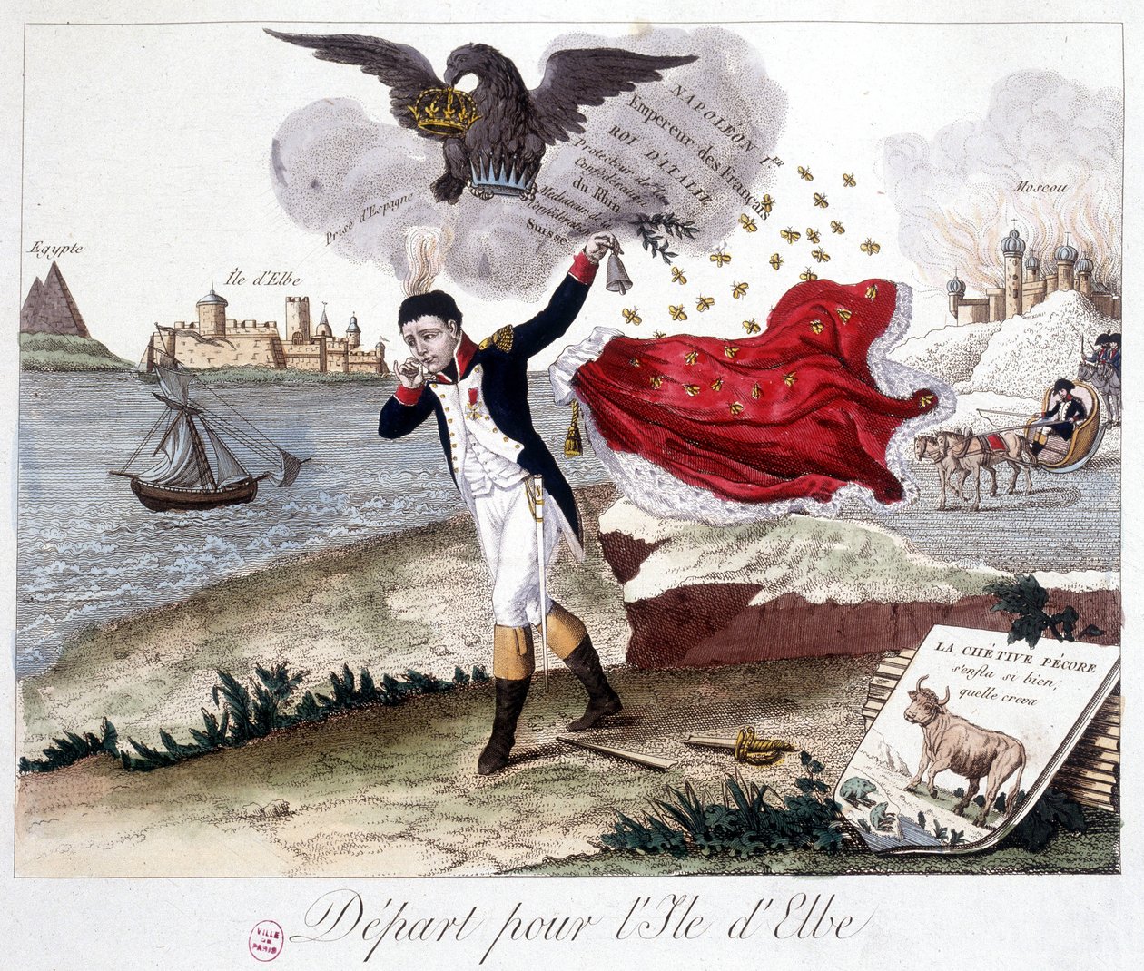 Avreise til øya Elba: Napoleon holder en klokke, en keiserlig ørn over som minner ham om titlene hans, Moskva i flammer i bakgrunnen, og i forgrunnen: Fable de Lafontaine: "" frosken som ville være større enn oksen """ (chétivet s av Unknown artist