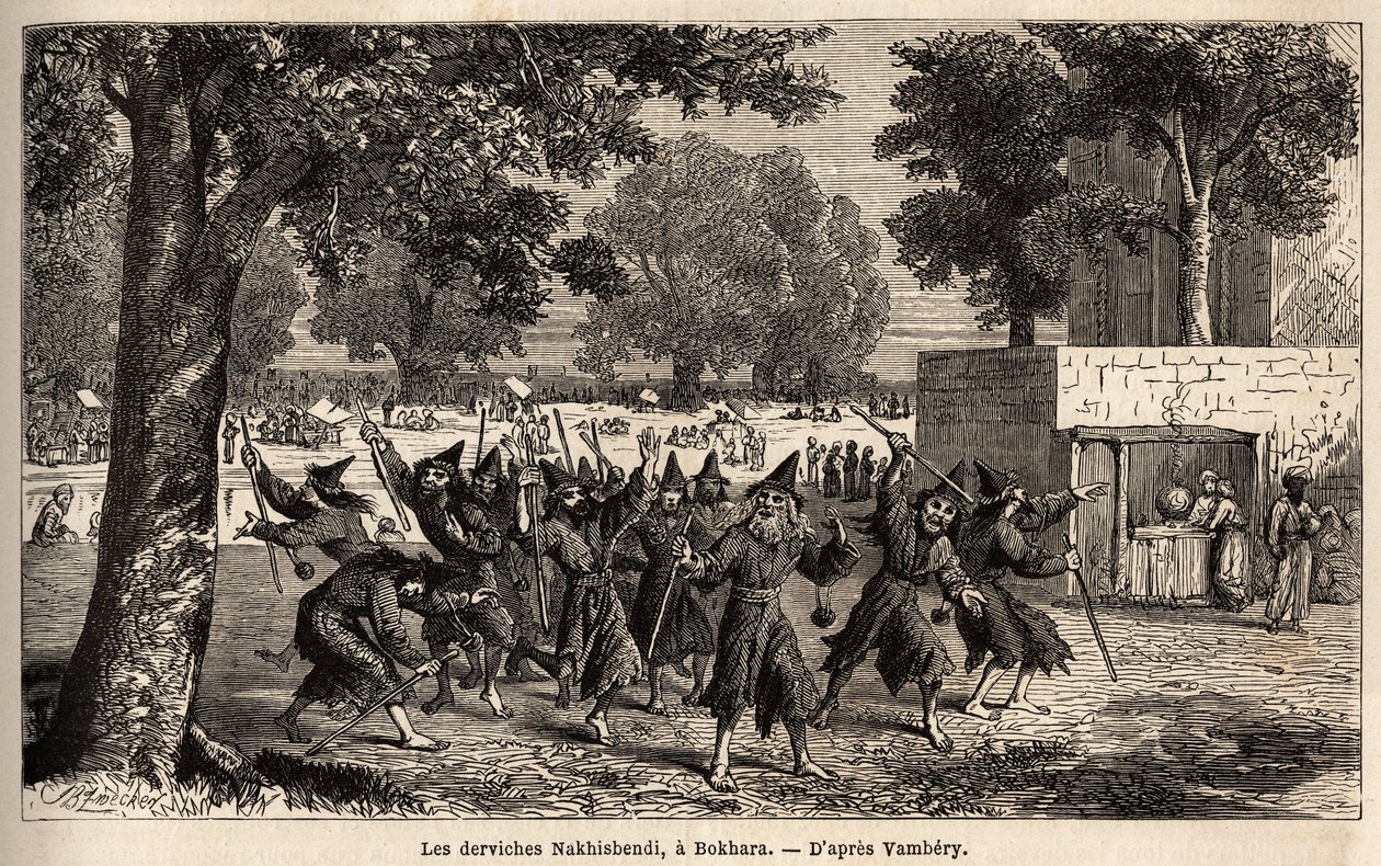 Dervishes Nakhisbendi, en persisk bokhara, Iran). Tegning av Emile Bayard (1837-1891), for å illustrere reisen til Sentral-Asia, i 1863, av Arminius Vambery (ungarsk vitenskapsmann forkledning i dervisj). Gravering i "" Le tour du monde"", redigert av Edou av Unknown artist