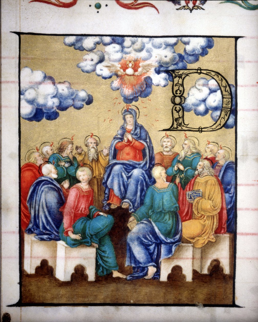 Den Hellige Ånds nedstigning. Kor fra Jomfrukirken kronet av Lodi, miniatyr fra 1400-tallet. av Unknown artist