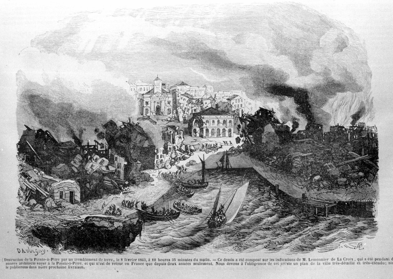 Ødeleggelse av Pointe à Pitre (Guadeloupe) av et jordskjelv 08.02.1843. Gravering 1843. av Unknown artist