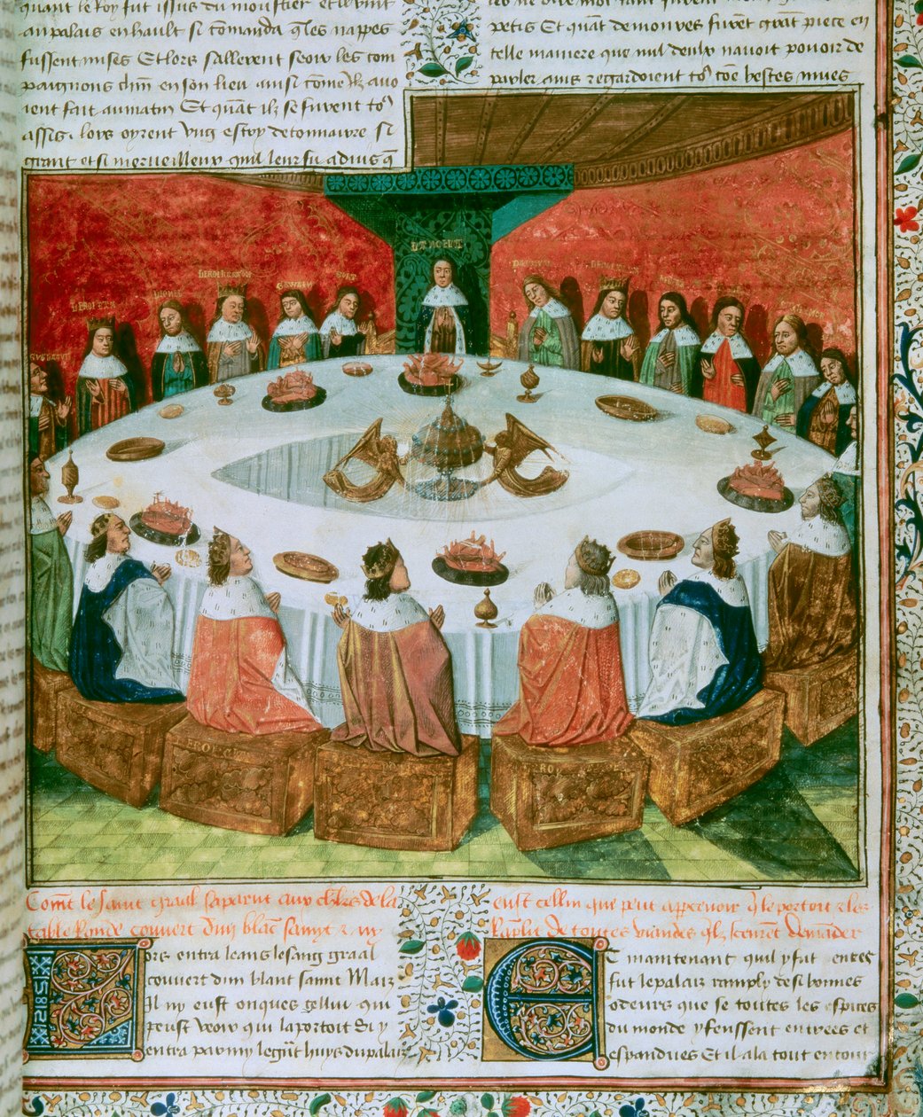 Detalj av: Kong Arthur og ridderne av det runde bordet som deltar på åpenbaringen av den hellige gral. (Kongen Arthur og Ridderne av det runde bord). Belysning som illustrerer et manuskript av "Quete of the Holy Grail", ca. 1470. Folio 5 av Fre av Unknown artist
