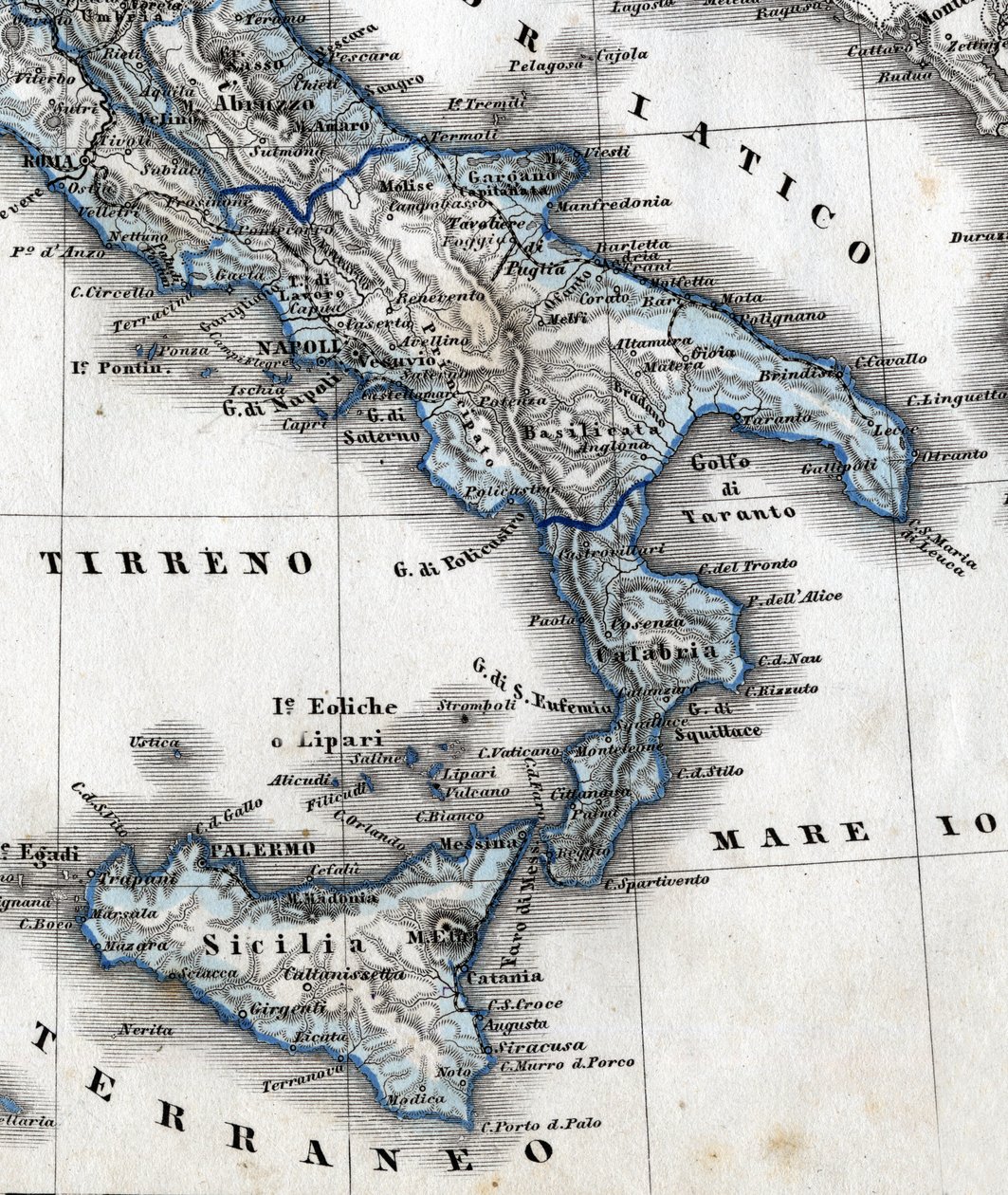 Detail of a geography map representing Southern Italy (Campania, Calabria, Sicily, Puglia, Molise Abruzzo regions). 19th century av Unknown artist