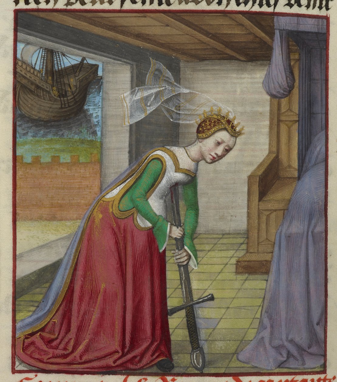 Detalj av en miniatyr av Dido som faller på sverdet hennes og begår selvmord etter Aeneas