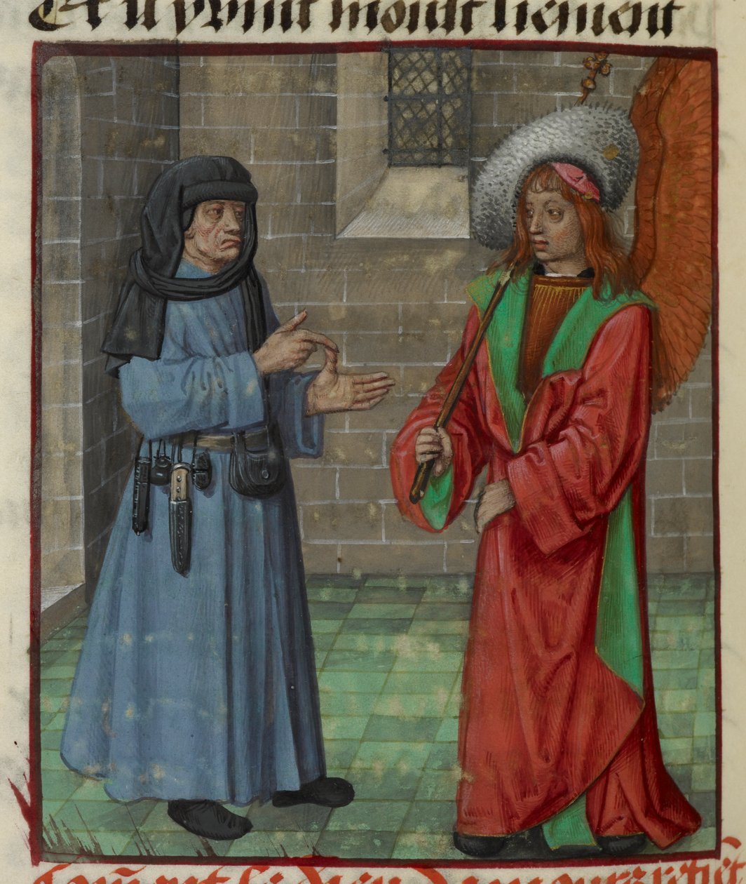 Detalj av en miniatyr av Faux Semblant (False Seeming) som adresserer Amour (Love) fra 