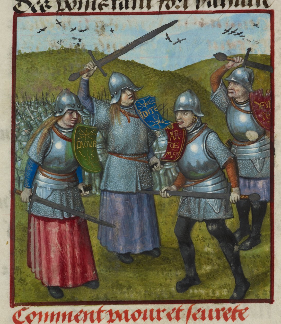 Detalj av en miniatyr av Peur, Honte og andre allegorier som kjemper. Menn og kvinner i rustning, slåss, fra 