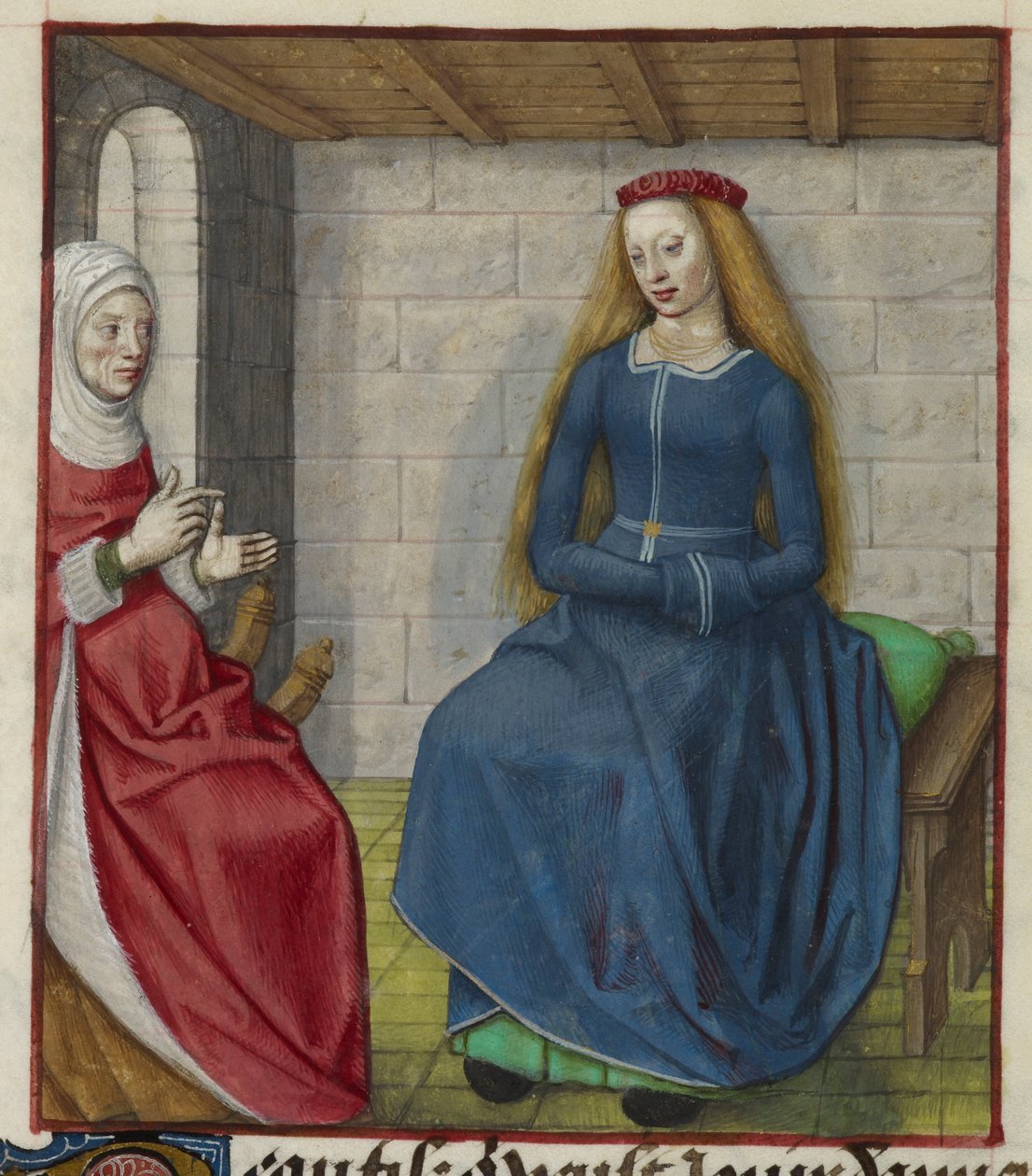 Detalj av en miniatyr av la Vieille (Duenna) og Bel Accueil (Fair Welcome), fra 