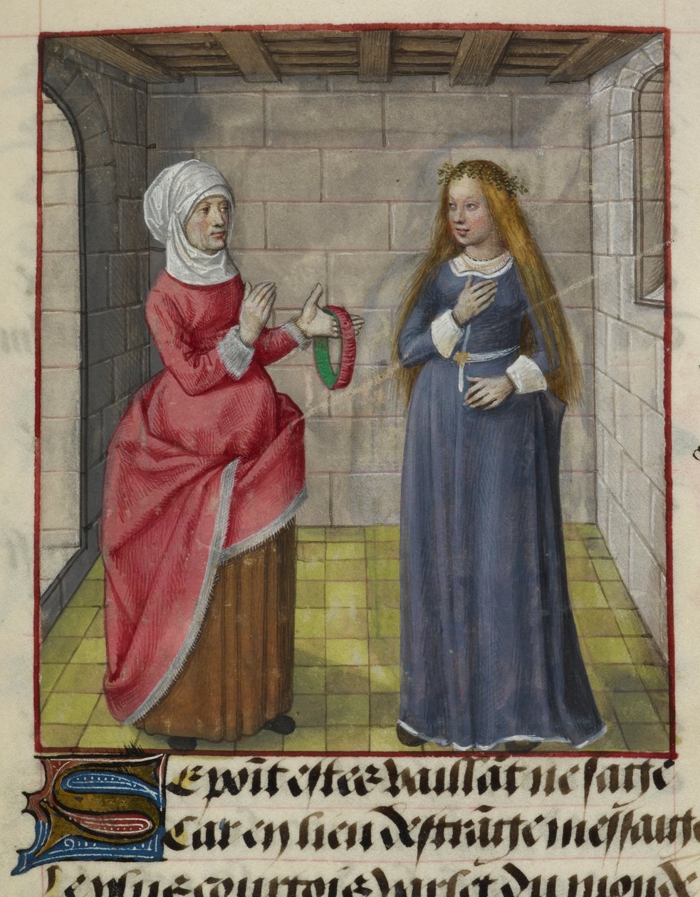 Detalj av en miniatyr av la Vieille (Duenna) og Bel Accueil (Fair Welcome), fra 