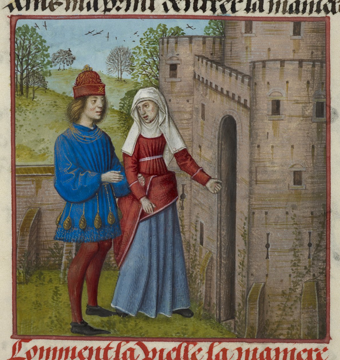 Detalj av en miniatyr av elskeren og la Vieille (Duenna), fra 